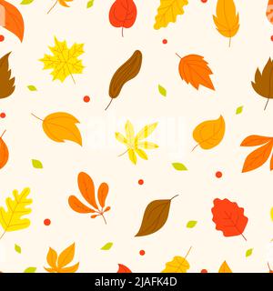 Herbst Blatt Vektor nahtloses Muster. Flach fallende orange-gelb-rote Blätter. Saisonale, kuschelige Kleidung im Herbst, Stoffdruck. Vorlage für Natur-Hintergrund Stock Vektor