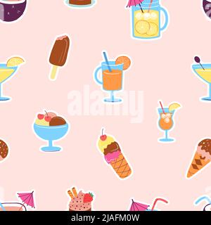 Süßes Dessert, Eis und Cocktails mit nahtlosem Muster. Sommerparty, Fast Food und Snacks. Orangensaft und Limonade, Vektorstruktur Stock Vektor