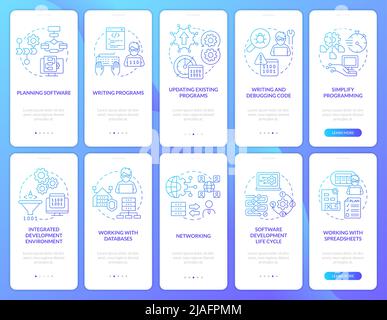 Programmierer Fähigkeiten blauen Gradienten Onboarding mobile App Bildschirm gesetzt Stock Vektor