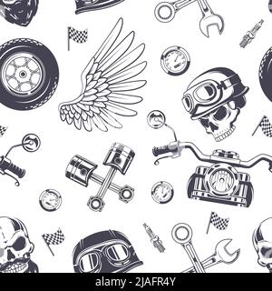 Motorrad-Muster. Extreme Reisen Symbole Fahrrad Schädel Flügel Helm genauen Vektor nahtlose Hintergrund Stock Vektor