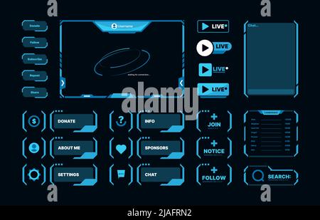 Stream-ui. Web-Design-Elemente für Online-Broadcast-Streaming moderne Frames Schaltflächen und Symbole grellen Vektor-Illustrationen Stock Vektor