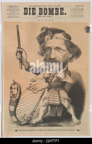 Verdi '. Giuseppe Verdi als Ägypter, der mit den Zügen von Franz Ritter von Jauner auf einer Leier spielt (Titelseite von' die Bombe'). Hugo Gerard Ströhl (1851-1919), Karikaturist, C. Angerer & Göschl, Realisation Stockfoto