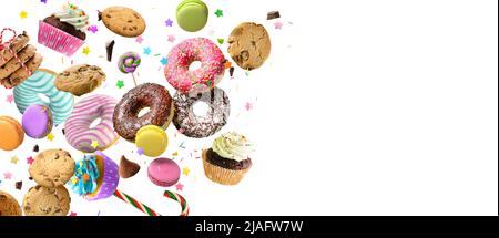 Collage aus Süßwaren und Süßigkeiten. Donuts, Cupcakes, Kekse, Makronen fliegen auf weißem Hintergrund. Stockfoto