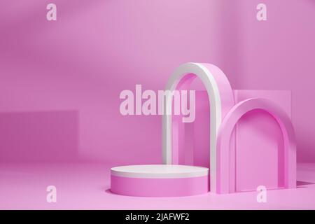 3D Rendering, Podium Podest oder Plattform in leerem Raum Hintergrund minimal, 3D Produktmodellierung, Produktpräsentation, 3D Rendering geometrische Form Design Stockfoto