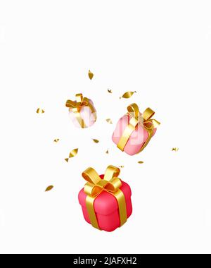Rote, rosa und weiße Geschenkschachteln und herabfallende Konfetti auf hellem Hintergrund Stockfoto