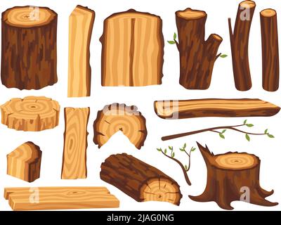 Zeichentrickholz. Holzstämme und Stämme, Hölzer aus Holz. Baumzweige, isolierte natürliche Waldobjekte. Öko-Materialien für den Bau, ordentlich Vektor-Set Stock Vektor