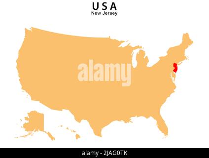 Karte des Staates New Jersey auf der Karte der USA hervorgehoben. Karte von New Jersey über den Vereinigten Staat Amerika. Stock Vektor