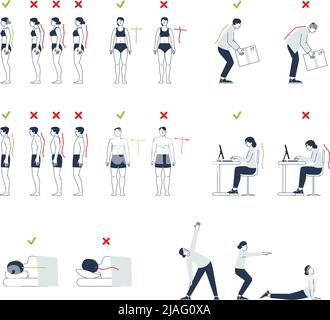 Korrekte Positionen. Körperhaltung Infografiken, Physiotherapie und guter Schlaf. Gewichte ordnungsgemäß stehen, sitzen und anheben. Rechte und falsche Wirbelsäulenposition kürzlich Stock Vektor