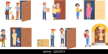 Mitarbeiter und Lieferung. Lieferung an die Tür, Kurier mit Verpackung Lebensmittel. Online-Lebensmitteleinkäufe, Logistik- und Transportpakete. Das Essen war okay Stock Vektor