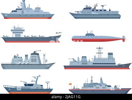 Militärboote. Schiffs-, See- oder Seeverkehr. Kriegsboot mit Kampfflugzeug. Isoliertes flaches U-Boot, Schlachtschiff und Schnellboot. Gefäße exakt Stock Vektor