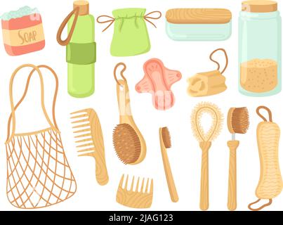 Umweltfreundlicher Lebensstil. Keine Abfallelemente für eine saubere Lebensdauer. Selbsthygiene und Küchenartikel. Behälter aus Holz, Kunststoff und Glas, Stoffbeutel für Lebensmittel ordentlich Stock Vektor