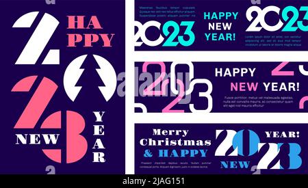 Moderne 2023 Broschüren. Zahlen zum neuen Jahr, Firmenposter und Banner für Veranstaltungen. Geschäftsvorlagen, Typografie-Design für Jahresberichte Tidy Vektor-Kit Stock Vektor