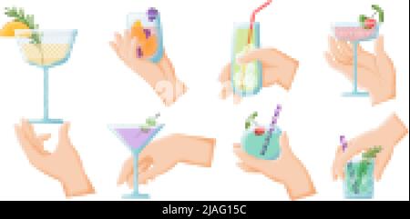 Hand mit Cocktail. Hände halten Glas trinken, alkoholische Party-Cocktails. Isolierte Sommer schwülige kalte Getränke mit Früchten und Beeren Vektor-Set Stock Vektor