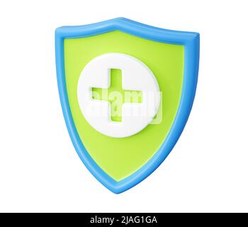 Schild mit Kreuz 3D Render - medizinisches Versorgungs- und Gesundheitsschutzkonzept mit Pluszeichen auf Schild. Stockfoto