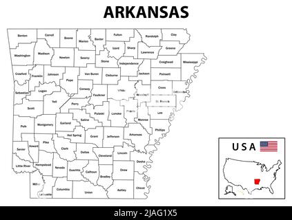 Karte Von Arkansas. State- und District-Karte von Arkansas. Administrative und politische Karte von Arkansas mit Bezirk und Hauptstadt in weißer Farbe. Stock Vektor