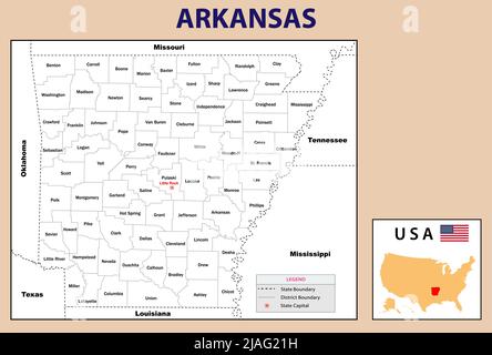 Karte Von Arkansas. Politische Karte von Arkansas in weißer Farbe. Stock Vektor
