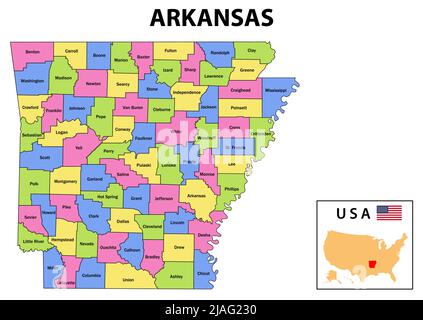 Karte Von Arkansas. State- und District-Karte von Arkansas. Administrative und politische Karte von Arkansas mit Namen und Farbgestaltung. Stock Vektor