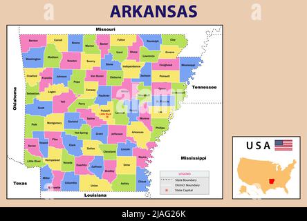 Politische Karte von Arkansas. Markieren Sie die Arkansas-Karte auf der Indien-Karte mit einer Grenzlinie. Politische Landkarte von Arkansas. Stock Vektor