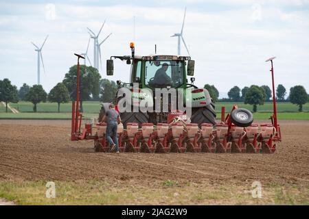 Garzweiler, Deutschland. 26.. Mai 2022. Ein Landwirt bebaut sein Feld in der Nähe von Luetzerathm, Sämaschine, im Hintergrund Windturbinen, Traktor, Feature, Randmotive, symbolisches Foto, Rund um die Braunkohlendruckmine Garzweiler, am 05/26/2022 Â Quelle: dpa/Alamy Live News Stockfoto