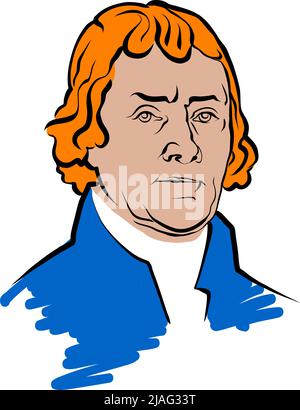 Thomas Jefferson Vektorzeichnung mit farbigen Oberflächen. Handgezeichnete Skizze des Künstlers Knut Hebstreit. Zeichnung für die Verwendung bei jedem Marketingprojekt und Stock Vektor