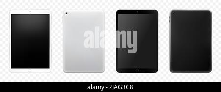 Tablet-Mockup-Set, isoliert auf Weiß. Schwarzes Tablett und weißes Farbtablett. Vorder- und Rückansicht. Realistische 3D-Vektor-Illustration. Kann für Objekt verwendet werden Stock Vektor