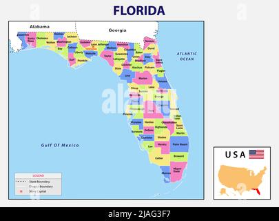 Karte von Florida. Politische Landkarte von Florida in den USA. Distriktkarte mit den USA. Stock Vektor