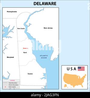 Delaware-Karte. Landes- und Bezirkskarte von Delaware. Administrative und politische Karte von Delaware mit Nachbarländern und Grenze in weißer Farbe. Stock Vektor