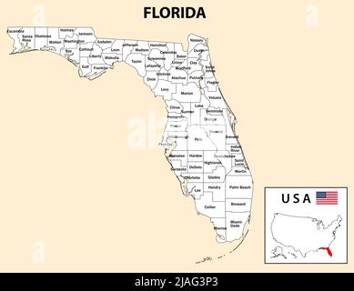 Karte Von Florida. Distriktkarte von florida in weißer Farbe. Distriktkarte mit den USA. Stock Vektor