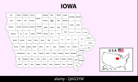 Iowa-Karte. Staat- und Distriktkarte von Iowa. Verwaltungskarte von Iowa mit Bezirk und Hauptstadt in weißer Farbe. Stock Vektor