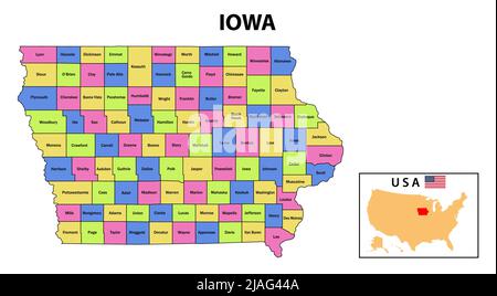 Iowa-Karte. Distriktkarte von Iowa im Jahr 2020. Distriktkarte von Iowa in Farbe mit Hauptstadt. Stock Vektor