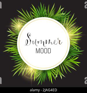 Tropisches Palmenblatt isoliert auf weißem und schwarzem Hintergrund. Realistisches grünes Sommerparty-Pflanzenbanner mit rundem Rahmen. Vektorgrafik Stock Vektor