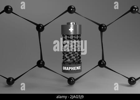 Graphenbatteriekonzept, umrahmt mit einer Sechseck-Verbindung von Atomzellen. 3D Darstellung im Graustufenstil rendern Stockfoto