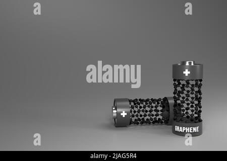 Zwei Graphenbatterien mit Atomraster auf grauem Hintergrund, Science Innovations Concept. Render, 3D Illustration Stockfoto