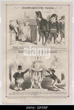 Französisch-Englisch-Türkische Expedition. Unser Entwurf für den Gensdarmenmarkt. '. Französisch - Englisch - Türkische Expedition zum Kranken in Syrien, Napoleon III., Lord Palmerston; Entwurf für das Goethe-Schiller-Denkmal auf dem Gensdarmenmarkt (Karikaturen, 2 Bilder, mit Text aus Kladderdatsch, Berlin). Wilhelm Scholz (1824-1893), Karikaturist Stockfoto