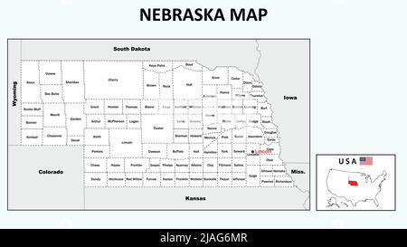 Karte Von Nebraska. Politische Landkarte von Nebraska mit weißen Grenzen. Stock Vektor