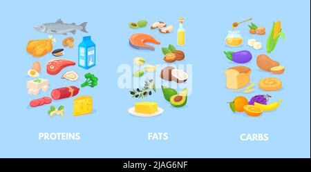 Gesunde Makronährstoffe. Ernährung Tabelle der Kohlenhydrate Fette Proteine, komplexe Ernährung Makros Lebensmittel, Kohlenhydrate gesundes Gleichgewicht, Gemüse Meeresfrüchte Mahlzeit Antioxidantien, Cartoon-Vektor-Illustration der Ernährung Stock Vektor