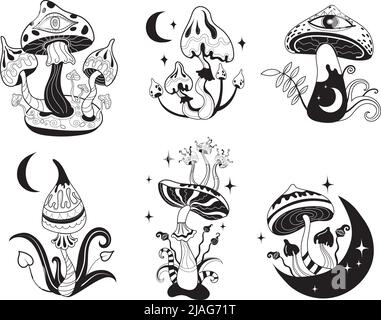 Mystische Pilze. Himmlischer Hexenpilz mit mystischen Elementen, Mondphase esoterische Sterne sakral Gothic Mushrooming, Hippie Psilocybin Tattoo Vektor. Illustration von Magie und mystischen Pilz Stock Vektor