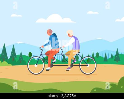 Seniors Tandem Bike. Altes Paar Fahrt auf Couplebike, Opa Großmutter Reise Radfahren, Großeltern Arthritis Radfahren Gesundheit Fitness Ältere Menschen Vektor Illustration des älteren Paares Tandem Stock Vektor