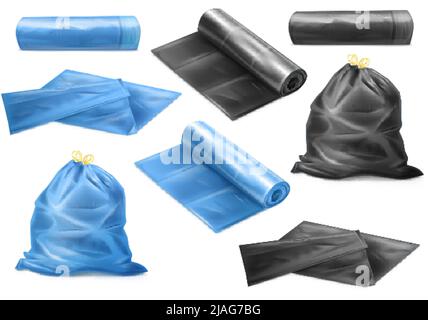 3D Müllsäcke. Realistische Polyethylen-Verpackung für Lieferungen Küchenabfall oder Mülleimer, Mockup schwarzen Plastiksack rouleau Müll isoliert Rolle Müllbeutel, ordentlich Vektor-Illustration Stock Vektor