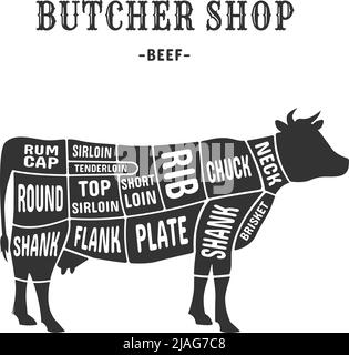 Kuhschnittplan. Schneiden von Rindfleisch Fleisch Führer Plakat für Metzger, Tier schneiden Diagramm Karte Platte brisket, vintage american Poster Metzger Shop Steak oder Rippe, genaue Vektor-Illustration. Schnitt der Kuhführung Stock Vektor