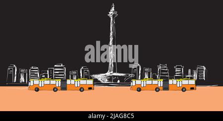 Freie Hand Skizze Vektor Illustration Bus, Taxi, Microlet, Jakarta City öffentlichen Verkehrsmitteln und das Indonesische Nationaldenkmal (Monas), Jakarta, Ind Stock Vektor