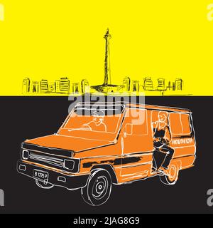 Freie Hand Skizze Vektor Illustration Bus, Taxi, Microlet, Jakarta City öffentlichen Verkehrsmitteln und das Indonesische Nationaldenkmal (Monas), Jakarta, Ind Stock Vektor