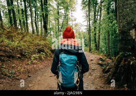 Blick von der Rückseite einer Frau Wanderer in einem Hut mit Rucksack geht entlang einer schmutzigen Wald Bergstraße Stockfoto