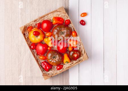 Verschiedene Sorten und Farben Tomaten und Paprika, Draufsicht, Kopierraum Stockfoto