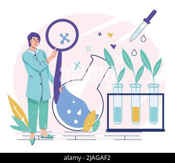 Wissenschaftler im Labor, der neue Methoden der Pflanzenzüchtung erforscht und Genom untersucht. Bioengineering und Agronomie erforscht, Vektor Cartoon flachen illus Stock Vektor