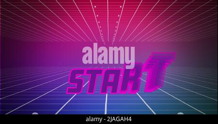 Digitales Bild eines Startzeichens, das auf dem Bildschirm zoomt, während der Hintergrund grüne quadratische Umrisse zeigt, die sich nach oben und die Galaxie bewegen Stockfoto