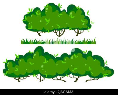 Zwei lange Cartoon-Sträucher und eine Grasbüchse für einen endlosen Rand, Vektor-Illustrationen von Gartenbüschen, Satz von Elementen für Ihr Design Stock Vektor