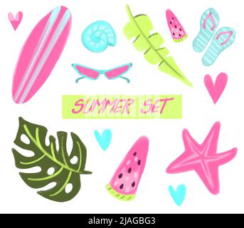 Vektor-Illustration Tropical Summer Set. Urlaubselemente. Stock Vektor