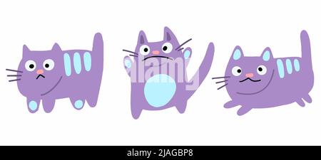 Vektor-Set von niedlichen und lustigen lila Katzen. Stock Vektor