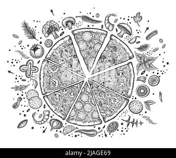 Pizza und Zutaten. Handgezeichnete Vorlage für das Pizzeria-Menü. Set von italienischen Küche Produkte. Vektorgrafik Stock Vektor